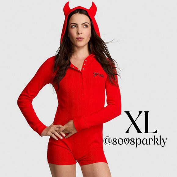 VS PINK Halloween Costume Bright Red Devil Long Sleeve Shorts Waffle Romper - Picture 1 of 7